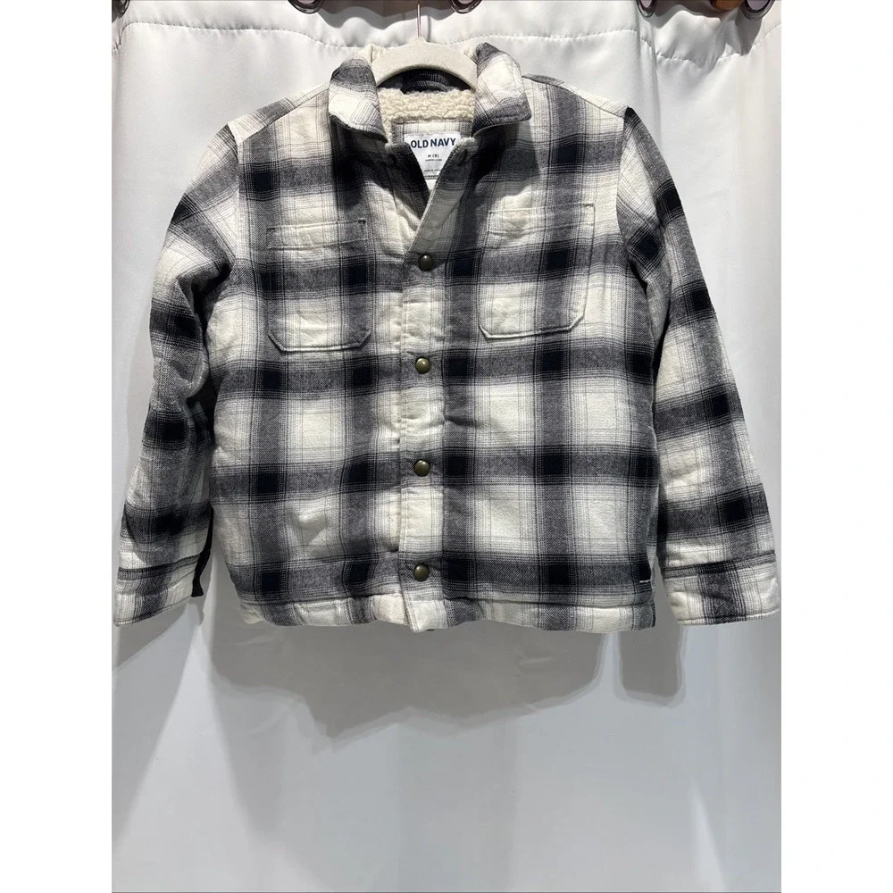 Old Navy Flannel Shirt Jacket Kids Medium 8 White Black Plaid Sherpa Lined